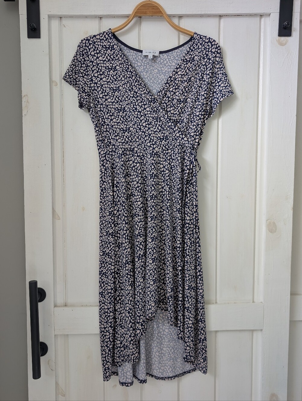 Gilli Navy And White Abstract Animal Print Faux Wrap Midi Dress Size M